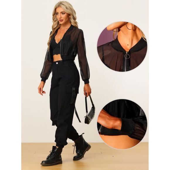 Bomber Jacket Long Sleeve Crop Mesh Sheer Jackets Black - Picture 2 of 6